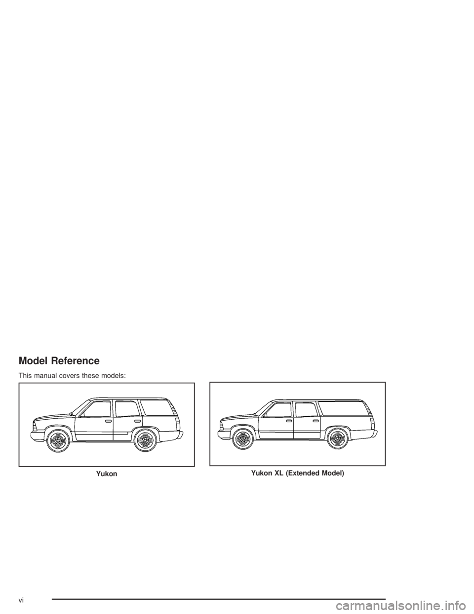 GMC YUKON 2004  Owners Manual Model Reference
This manual covers these models:
Yukon
Yukon XL (Extended Model)
vi 
