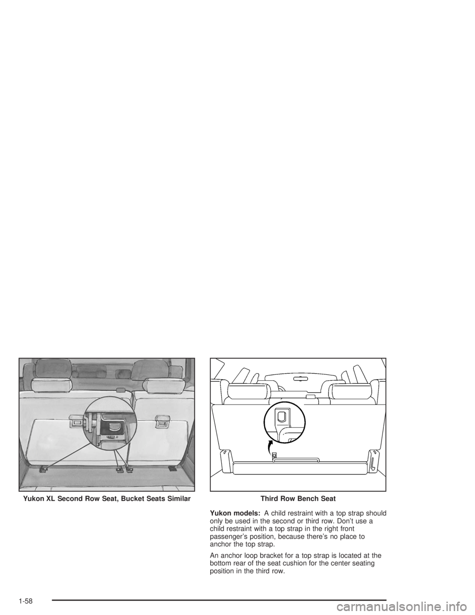 GMC YUKON 2004 Repair Manual Yukon models:A child restraint with a top strap should
only be used in the second or third row. Don’t use a
child restraint with a top strap in the right front
passenger’s position, because there