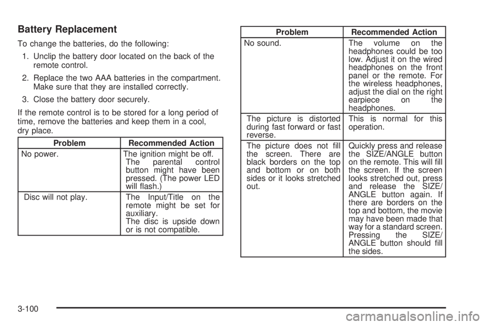 GMC ENVOY 2003  Owners Manual Battery Replacement
To change the batteries, do the following:
1. Unclip the battery door located on the back of the
remote control.
2. Replace the two AAA batteries in the compartment.
Make sure that