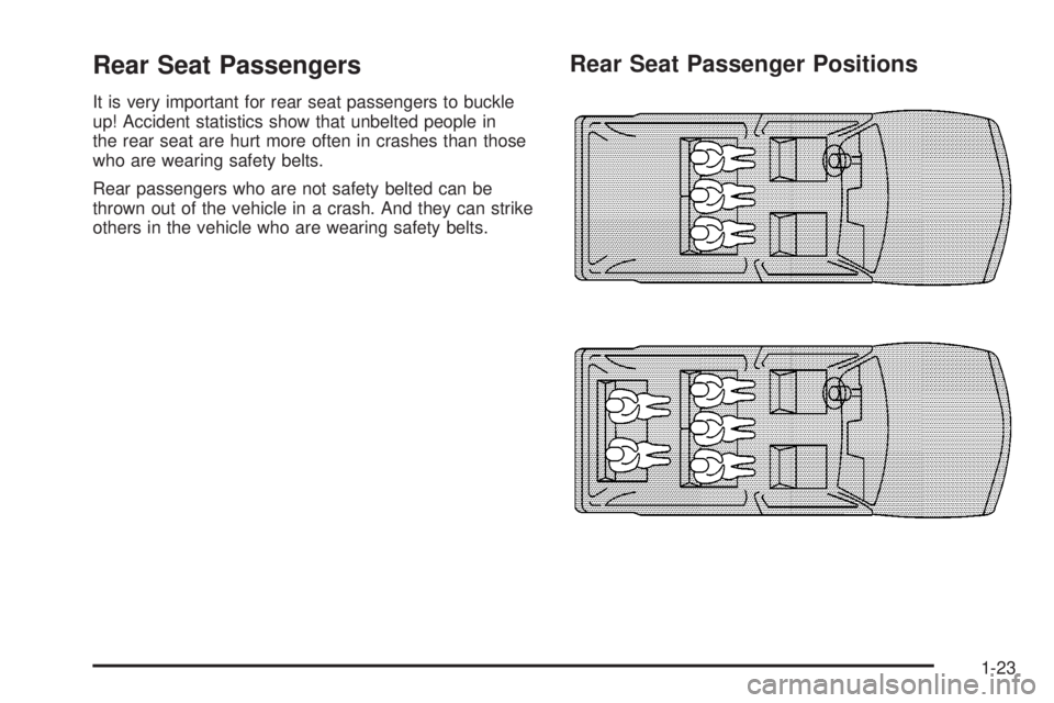 GMC ENVOY 2003 Owners Guide Rear Seat Passengers
It is very important for rear seat passengers to buckle
up! Accident statistics show that unbelted people in
the rear seat are hurt more often in crashes than those
who are wearin