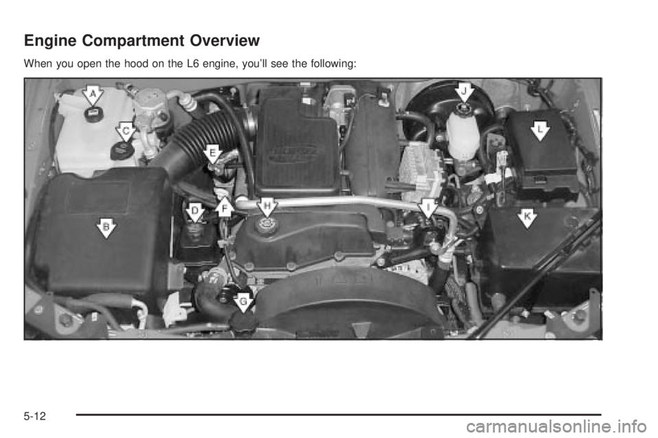GMC ENVOY 2003 Owners Manual Engine Compartment Overview
When you open the hood on the L6 engine, youll see the following:
5-12 GMC ENVOY 2003 Owners Manual Engine Compartment Overview
When you open the hood on the L6 engine, youll see the following:
5-12