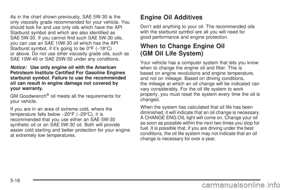 GMC ENVOY 2003  Owners Manual As in the chart shown previously, SAE 5W-30 is the
only viscosity grade recommended for your vehicle. You
should look for and use only oils which have the API
Starburst symbol and which are also ident