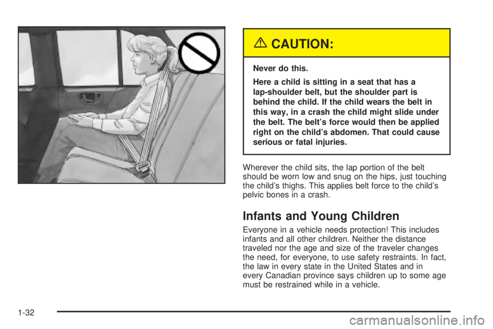 GMC ENVOY 2003 Owners Guide {CAUTION:
Never do this.
Here a child is sitting in a seat that has a
lap-shoulder belt, but the shoulder part is
behind the child. If the child wears the belt in
this way, in a crash the child might 
