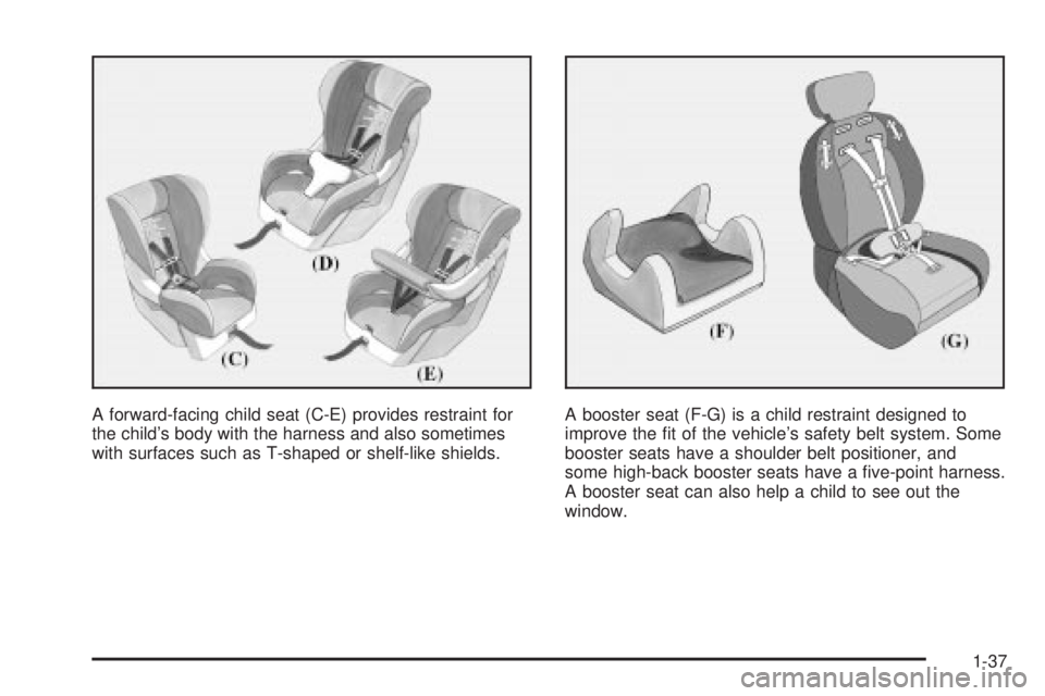 GMC ENVOY 2003 Service Manual A forward-facing child seat (C-E) provides restraint for
the childs body with the harness and also sometimes
with surfaces such as T-shaped or shelf-like shields.A booster seat (F-G) is a child restr