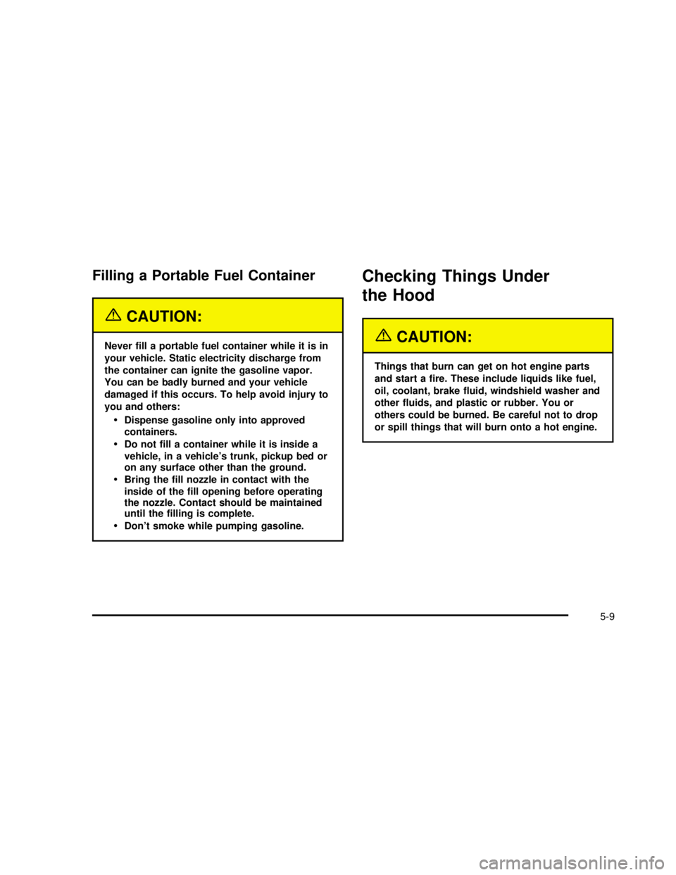 GMC SAFARI 2003  Owners Manual Filling a Portable Fuel Container
{CAUTION:
Never�ll a portable fuel container while it is in
your vehicle. Static electricity discharge from
the container can ignite the gasoline vapor.
You can be ba