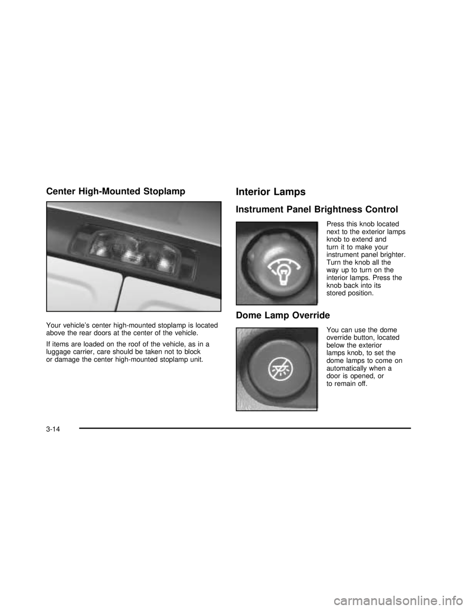 GMC SAVANA 2003 Owners Manual Center High-Mounted Stoplamp
Your vehicle’s center high-mounted stoplamp is located
above the rear doors at the center of the vehicle.
If items are loaded on the roof of the vehicle, as in a
luggage GMC SAVANA 2003 Owners Manual Center High-Mounted Stoplamp
Your vehicle’s center high-mounted stoplamp is located
above the rear doors at the center of the vehicle.
If items are loaded on the roof of the vehicle, as in a
luggage