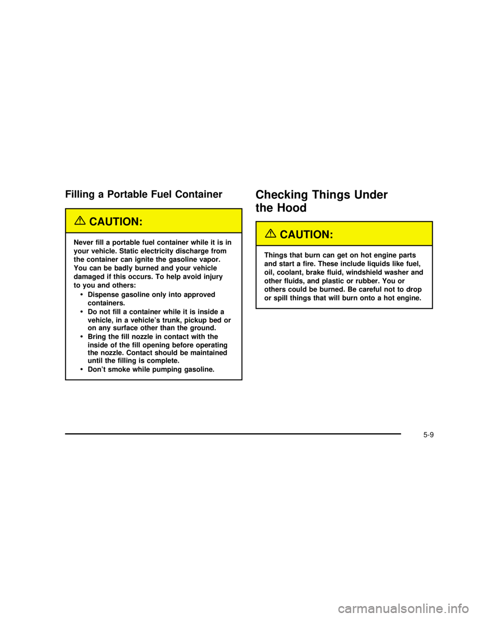 GMC SAVANA 2003  Owners Manual Filling a Portable Fuel Container
{CAUTION:
Neverﬁll a portable fuel container while it is in
your vehicle. Static electricity discharge from
the container can ignite the gasoline vapor.
You can be 