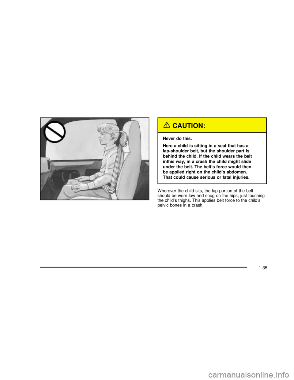 GMC SAVANA 2003 Service Manual {CAUTION:
Never do this.
Here a child is sitting in a seat that has a
lap-shoulder belt, but the shoulder part is
behind the child. If the child wears the belt
inthis way, in a crash the child might s