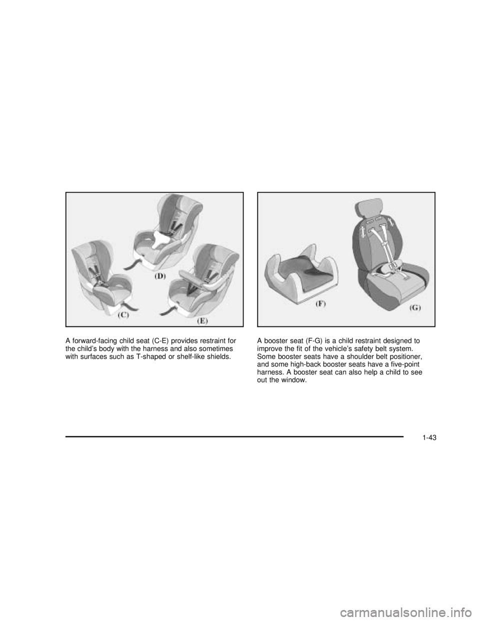 GMC SAVANA 2003 Service Manual A forward-facing child seat (C-E) provides restraint for
the child’s body with the harness and also sometimes
with surfaces such as T-shaped or shelf-like shields.A booster seat (F-G) is a child res GMC SAVANA 2003 Service Manual A forward-facing child seat (C-E) provides restraint for
the child’s body with the harness and also sometimes
with surfaces such as T-shaped or shelf-like shields.A booster seat (F-G) is a child res