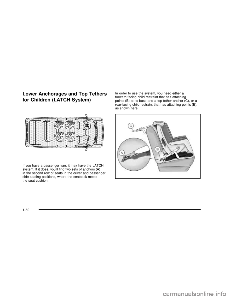 GMC SAVANA 2003 Workshop Manual Lower Anchorages and Top Tethers
for Children (LATCH System)
If you have a passenger van, it may have the LATCH
system. If it does, you’llfind two sets of anchors (A)
in the second row of seats in GMC SAVANA 2003 Workshop Manual Lower Anchorages and Top Tethers
for Children (LATCH System)
If you have a passenger van, it may have the LATCH
system. If it does, you’llfind two sets of anchors (A)
in the second row of seats in