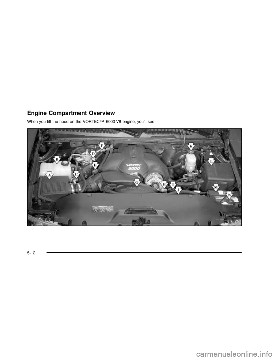 GMC SIERRA 2003  Owners Manual Engine Compartment Overview
When you lift the hood on the VORTEC™6000 V8 engine, you’ll see:
5-12
2003 - Sierra Denali 
