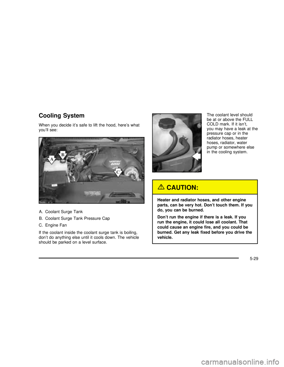 GMC SIERRA 2003  Owners Manual Cooling System
When you decide it’s safe to lift the hood, here’s what
you’ll see:
A. Coolant Surge Tank
B. Coolant Surge Tank Pressure Cap
C. Engine Fan
If the coolant inside the coolant surge 