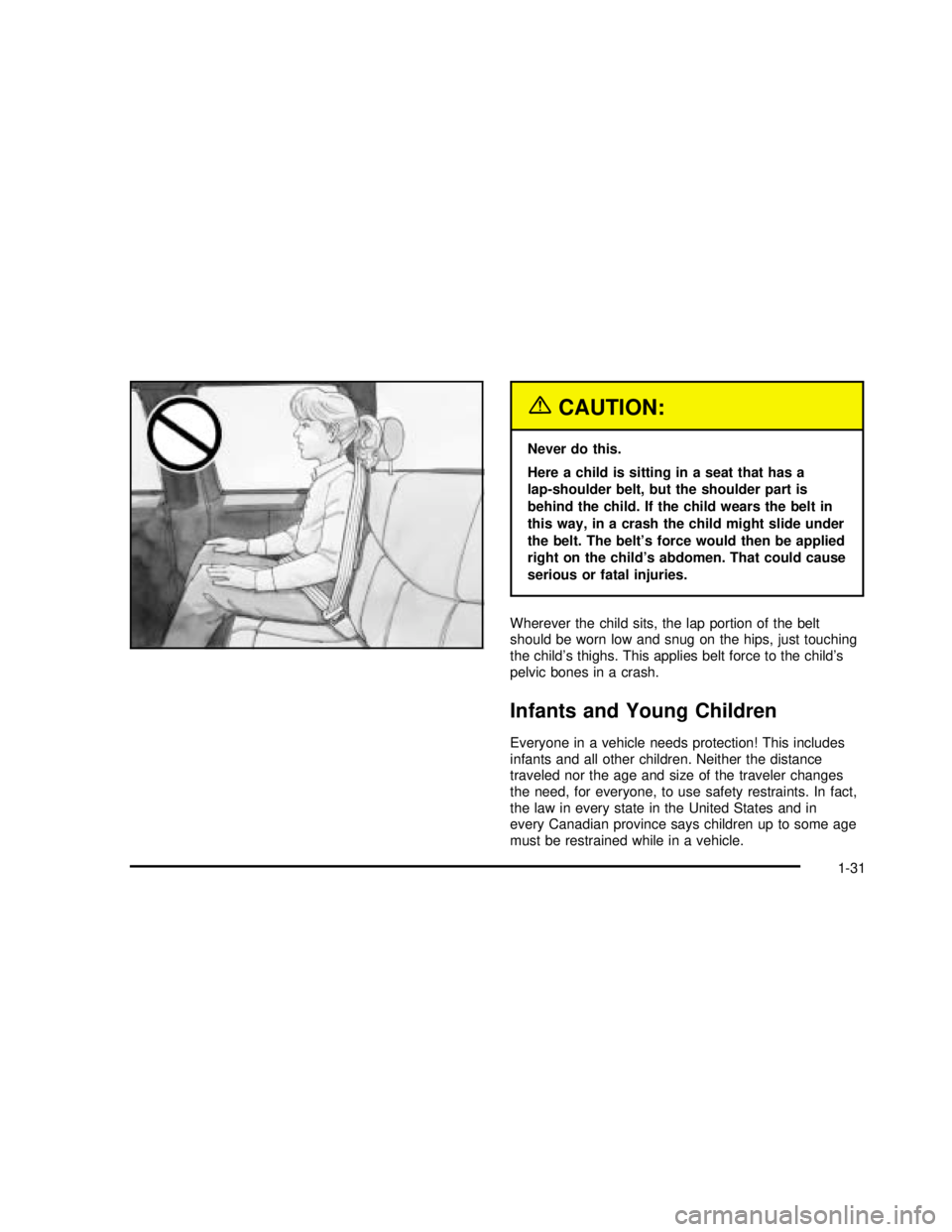 GMC SIERRA 2003 Owners Guide {CAUTION:
Never do this.
Here a child is sitting in a seat that has a
lap-shoulder belt, but the shoulder part is
behind the child. If the child wears the belt in
this way, in a crash the child might 