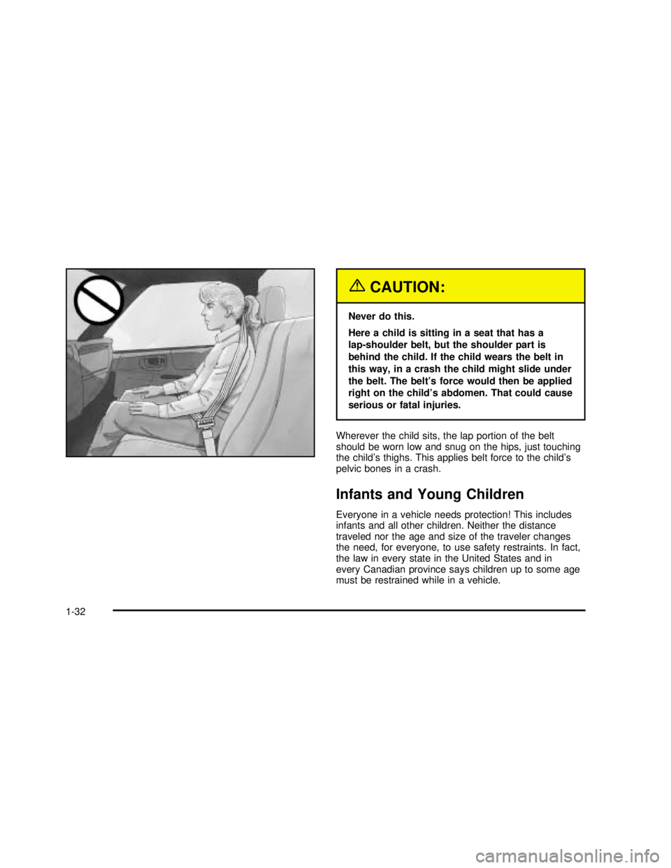 GMC SONOMA 2003  Owners Manual {CAUTION:
Never do this.
Here a child is sitting in a seat that has a
lap-shoulder belt, but the shoulder part is
behind the child. If the child wears the belt in
this way, in a crash the child might 