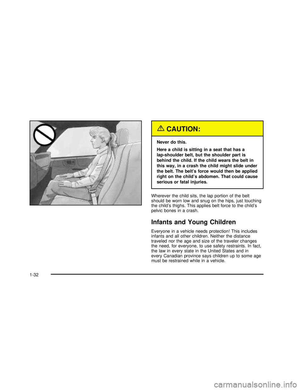 GMC SONOMA 2003 Owners Guide {CAUTION:
Never do this.
Here a child is sitting in a seat that has a
lap-shoulder belt, but the shoulder part is
behind the child. If the child wears the belt in
this way, in a crash the child might GMC SONOMA 2003 Owners Guide {CAUTION:
Never do this.
Here a child is sitting in a seat that has a
lap-shoulder belt, but the shoulder part is
behind the child. If the child wears the belt in
this way, in a crash the child might