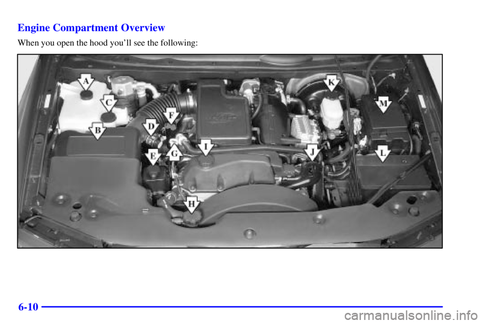 GMC ENVOY 2002  Owners Manual 6-10 Engine Compartment Overview
When you open the hood youll see the following: 
