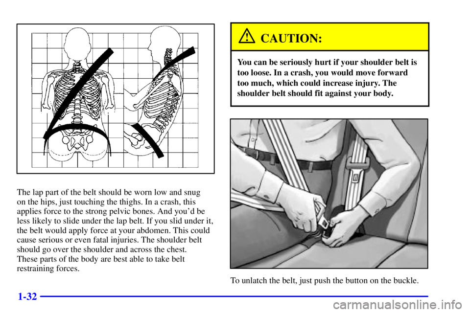 GMC ENVOY 2002 Owners Guide 1-32
The lap part of the belt should be worn low and snug 
on the hips, just touching the thighs. In a crash, this
applies force to the strong pelvic bones. And youd be
less likely to slide under the