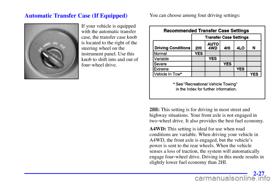 GMC ENVOY 2002  Owners Manual 2-27
Automatic Transfer Case (If Equipped)
If your vehicle is equipped
with the automatic transfer
case, the transfer case knob
is located to the right of the
steering wheel on the
instrument panel. U