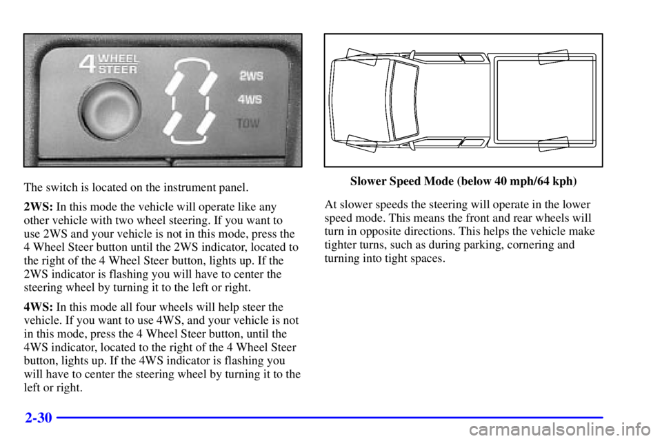GMC SIERRA 2002  Owners Manual 2-30
The switch is located on the instrument panel.
2WS: In this mode the vehicle will operate like any
other vehicle with two wheel steering. If you want to 
use 2WS and your vehicle is not in this m