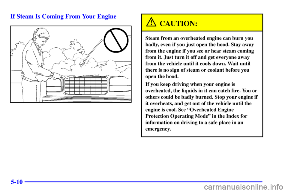 GMC SIERRA 2002  Owners Manual 5-10 If Steam Is Coming From Your Engine
CAUTION:
Steam from an overheated engine can burn you
badly, even if you just open the hood. Stay away
from the engine if you see or hear steam coming
from it.