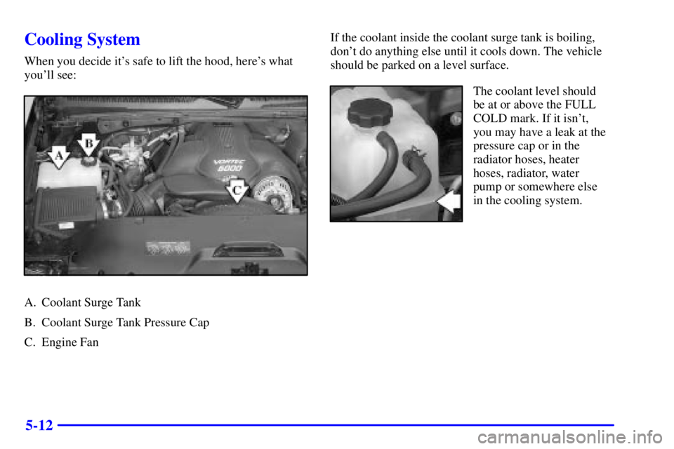 GMC SIERRA 2002  Owners Manual 5-12
Cooling System
When you decide its safe to lift the hood, heres what
youll see:
A. Coolant Surge Tank
B. Coolant Surge Tank Pressure Cap
C. Engine FanIf the coolant inside the coolant surge ta