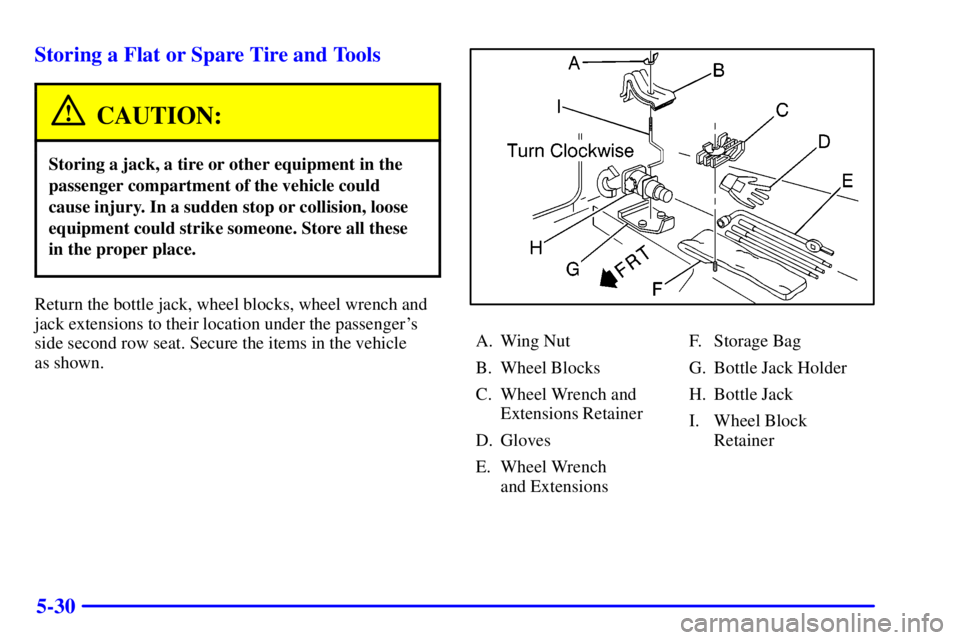 GMC SIERRA 2002  Owners Manual 5-30 Storing a Flat or Spare Tire and Tools
CAUTION:
Storing a jack, a tire or other equipment in the
passenger compartment of the vehicle could
cause injury. In a sudden stop or collision, loose
equi