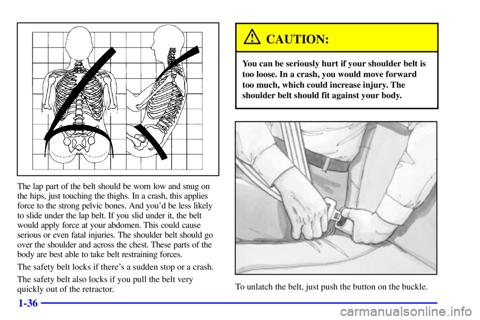 GMC SIERRA 2002 Service Manual 1-36
The lap part of the belt should be worn low and snug on
the hips, just touching the thighs. In a crash, this applies
force to the strong pelvic bones. And youd be less likely
to slide under the 