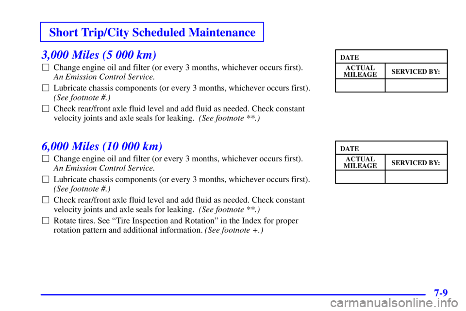 GMC SONOMA 2002 Owners Guide Short Trip/City Scheduled Maintenance
7-9
3,000 Miles (5 000 km)
Change engine oil and filter (or every 3 months, whichever occurs first). 
An Emission Control Service. 
Lubricate chassis components