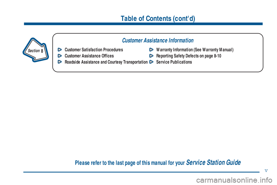 GMC SAVANA 2001  Owners Manual v
Table of Contents (contd)
Customer Assistance Information
In the Index you will find an alphabetical listing of almost every subject in this manual. 
 You can use it to quickly find something you w