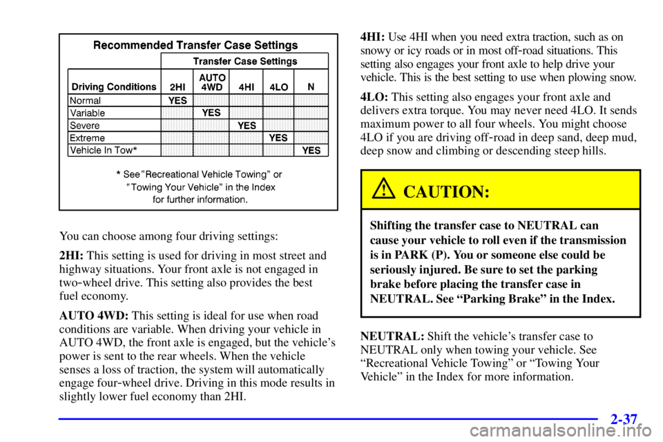 GMC SIERRA 2001  Owners Manual 2-37
You can choose among four driving settings:
2HI: This setting is used for driving in most street and
highway situations. Your front axle is not engaged in
two
-wheel drive. This setting also prov