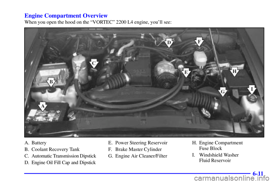 GMC SONOMA 2001 Owners Manual 6-11 Engine Compartment Overview
When you open the hood on the ªVORTECº 2200 L4 engine, youll see:
A. Battery
B. Coolant Recovery Tank
C. Automatic Transmission Dipstick
D. Engine Oil Fill Cap and GMC SONOMA 2001 Owners Manual 6-11 Engine Compartment Overview
When you open the hood on the ªVORTECº 2200 L4 engine, youll see:
A. Battery
B. Coolant Recovery Tank
C. Automatic Transmission Dipstick
D. Engine Oil Fill Cap and