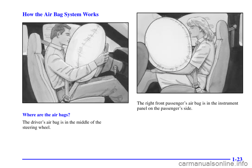 GMC SONOMA 2001 Owners Guide 1-23 How the Air Bag System Works
Where are the air bags?
The drivers air bag is in the middle of the 
steering wheel.
The right front passengers air bag is in the instrument
panel on the passenger
