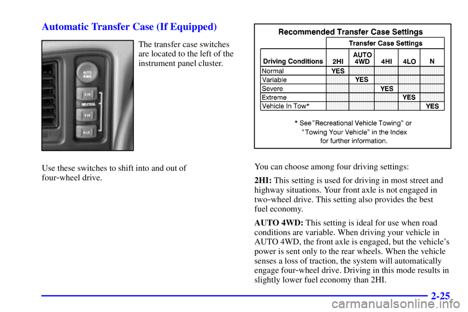 GMC YUKON 2001  Owners Manual 2-25 Automatic Transfer Case (If Equipped)
The transfer case switches
are located to the left of the
instrument panel cluster.
Use these switches to shift into and out of 
four
-wheel drive.
You can c