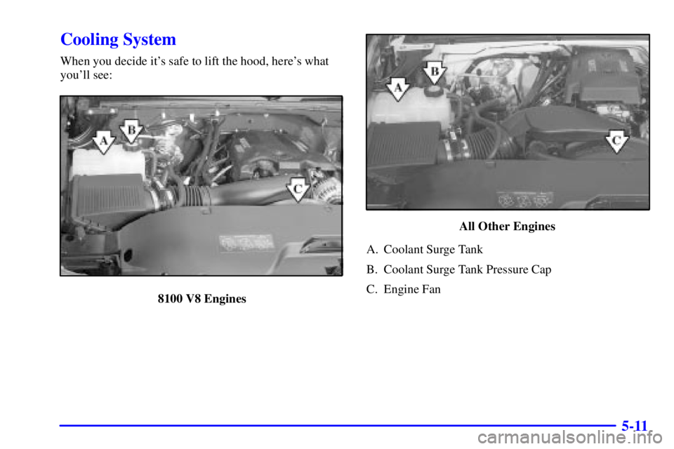 GMC YUKON 2001 Manual PDF 5-11
Cooling System
When you decide its safe to lift the hood, heres what
youll see:
8100 V8 Engines
All Other Engines
A. Coolant Surge Tank
B. Coolant Surge Tank Pressure Cap
C. Engine Fan GMC YUKON 2001 Manual PDF 5-11
Cooling System
When you decide its safe to lift the hood, heres what
youll see:
8100 V8 Engines
All Other Engines
A. Coolant Surge Tank
B. Coolant Surge Tank Pressure Cap
C. Engine Fan