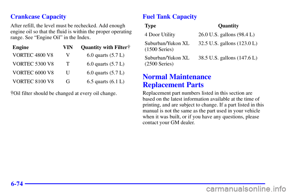 GMC YUKON 2001  Owners Manual 6-74 Crankcase Capacity
After refill, the level must be rechecked. Add enough
engine oil so that the fluid is within the proper operating
range. See ªEngine Oilº in the Index.
Engine VIN
Quantity wi