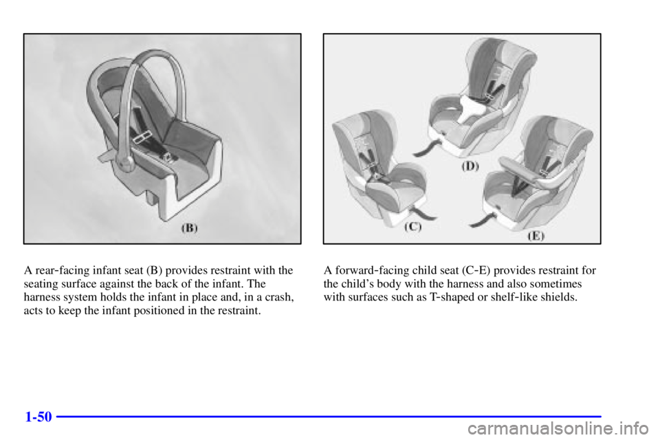 GMC YUKON 2001  Owners Manual 1-50
A rear-facing infant seat (B) provides restraint with the
seating surface against the back of the infant. The
harness system holds the infant in place and, in a crash,
acts to keep the infant pos