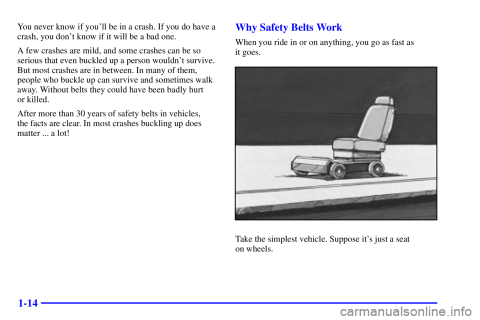 GMC SAFARI 2000  Owners Manual 1-14
You never know if youll be in a crash. If you do have a
crash, you dont know if it will be a bad one.
A few crashes are mild, and some crashes can be so
serious that even buckled up a person wo