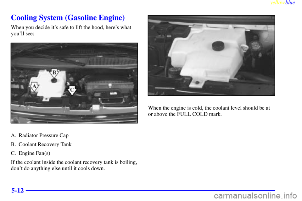 GMC SAVANA 1999  Owners Manual yellowblue     
5-12
Cooling System (Gasoline Engine)
When you decide its safe to lift the hood, heres what
youll see:
A. Radiator Pressure Cap
B. Coolant Recovery Tank
C. Engine Fan(s)
If the cool