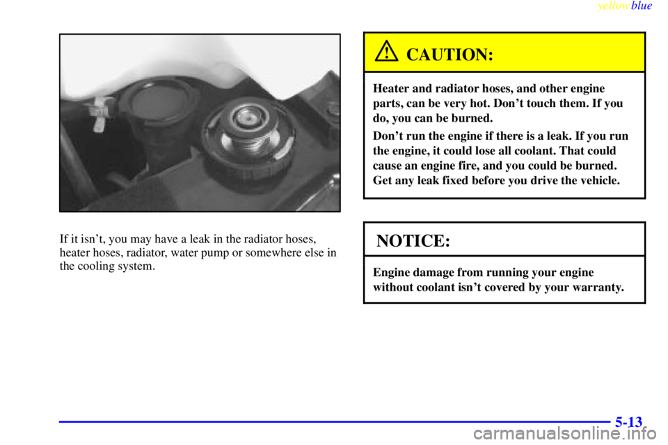 GMC SAVANA 1999  Owners Manual yellowblue     
5-13
If it isnt, you may have a leak in the radiator hoses,
heater hoses, radiator, water pump or somewhere else in
the cooling system.
CAUTION:
Heater and radiator hoses, and other e
