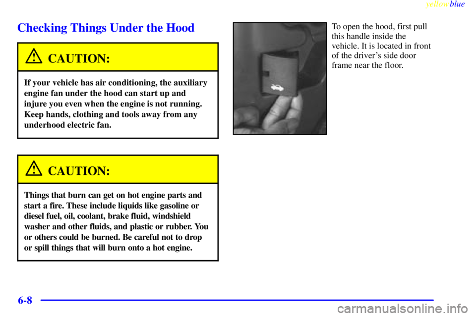 GMC SAVANA 1999  Owners Manual yellowblue     
6-8
Checking Things Under the Hood
CAUTION:
If your vehicle has air conditioning, the auxiliary
engine fan under the hood can start up and
injure you even when the engine is not runnin