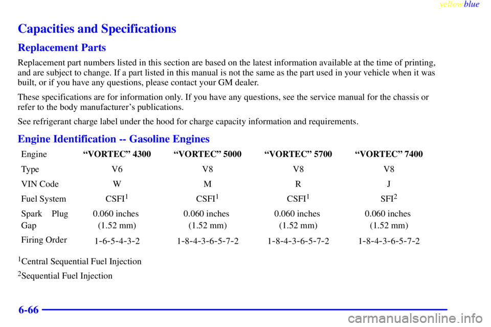GMC SAVANA 2000  Owners Manual yellowblue     
6-66
Capacities and Specifications
Replacement Parts
Replacement part numbers listed in this section are based on the latest information available at the time of printing,
and are subj