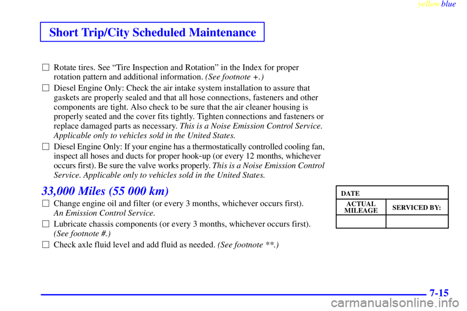 GMC SAVANA 1999  Owners Manual Short Trip/City Scheduled Maintenance
yellowblue     
7-15
Rotate tires. See ªTire Inspection and Rotationº in the Index for proper
rotation pattern and additional information. (See footnote +.)
D