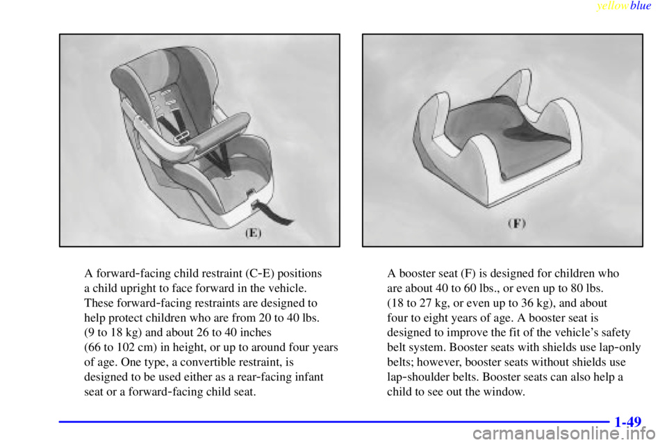 GMC SAVANA 1999 Repair Manual yellowblue
1-49
A forward-facing child restraint (C-E) positions
a child upright to face forward in the vehicle.
These forward
-facing restraints are designed to
help protect children who are f GMC SAVANA 1999 Repair Manual yellowblue
1-49
A forward-facing child restraint (C-E) positions
a child upright to face forward in the vehicle.
These forward
-facing restraints are designed to
help protect children who are f