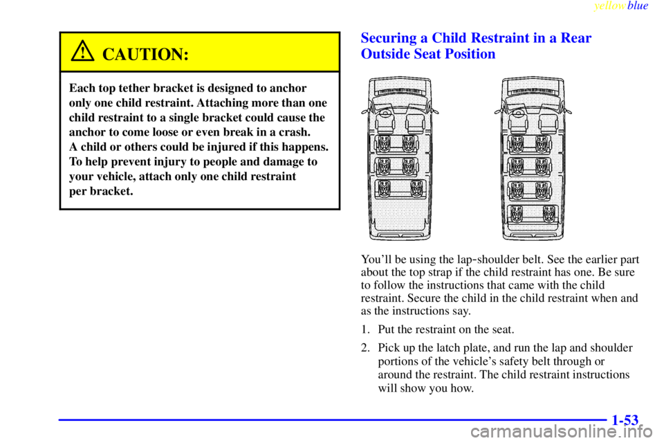 GMC SAVANA 1999 Repair Manual yellowblue
1-53
CAUTION:
Each top tether bracket is designed to anchor
only one child restraint. Attaching more than one
child restraint to a single bracket could cause the
anchor to come loose o GMC SAVANA 1999 Repair Manual yellowblue
1-53
CAUTION:
Each top tether bracket is designed to anchor
only one child restraint. Attaching more than one
child restraint to a single bracket could cause the
anchor to come loose o