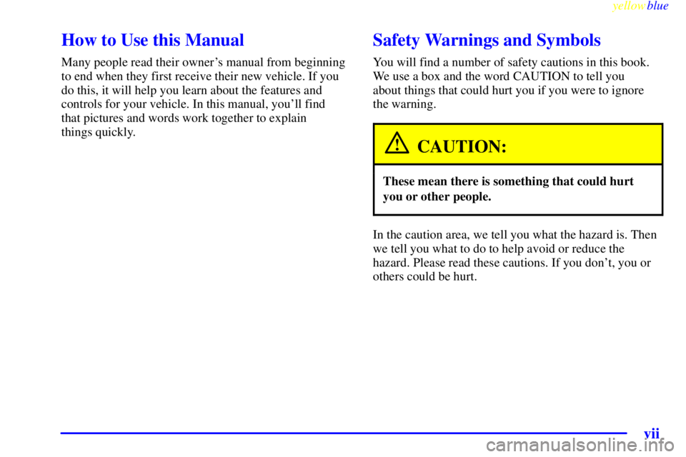 GMC SAVANA 2000  Owners Manual yellowblue     
vii
CAUTION:
These mean the re is something that could hurt
In the caution area, we tell you what the hazard is. Then 