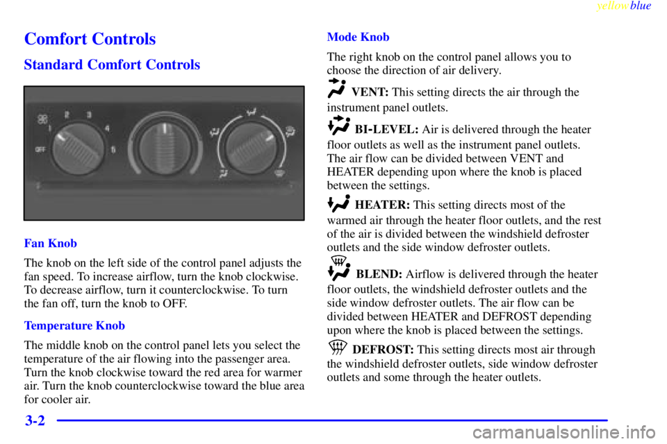 GMC SIERRA 2000  Owners Manual yellowblue     
3-2
Comfort Controls
Standard Comfort Controls
Fan Knob
The knob on the left side of the control panel adjusts the
fan speed. To increase airflow, turn the knob clockwise.
To decrease 