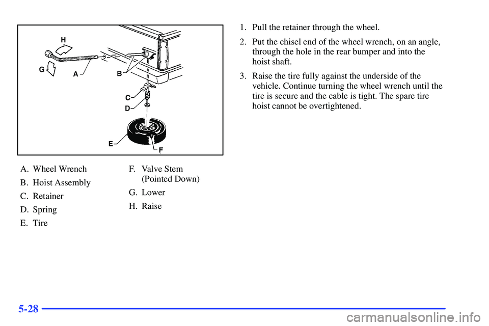 GMC SONOMA 2000  Owners Manual 5-28
A. Wheel Wrench
B. Hoist Assembly
C. Retainer
D. Spring
E. TireF. Valve Stem 
(Pointed Down)
G. Lower
H. Raise1. Pull the retainer through the wheel.
2. Put the chisel end of the wheel wrench, on