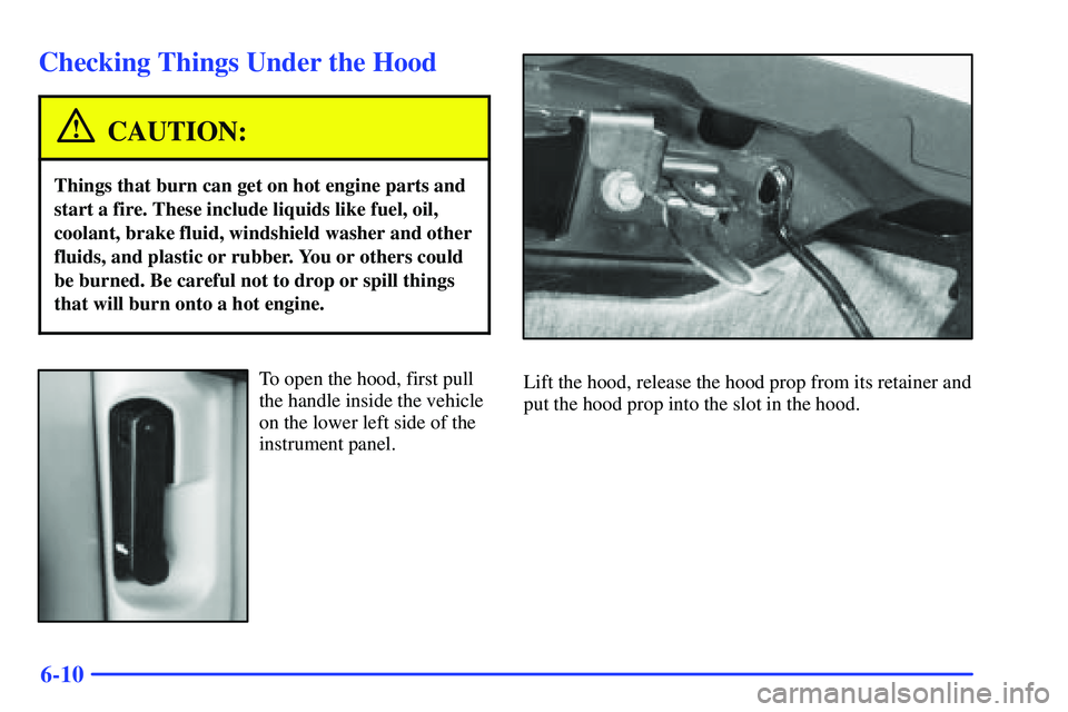 GMC SONOMA 1999  Owners Manual 6-10
Checking Things Under the Hood
CAUTION:
Things that burn can get on hot engine parts and
start a fire. These include liquids like fuel, oil,
coolant, brake fluid, windshield washer and other
flui