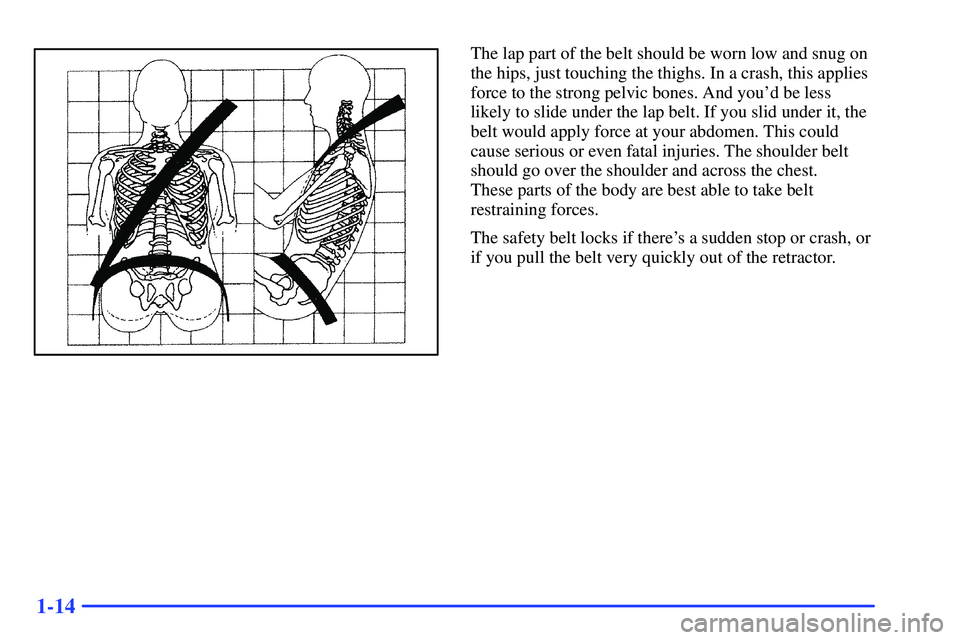 GMC SONOMA 1999 Owners Guide 1-14
The lap part of the belt should be worn low and snug on
the hips, just touching the thighs. In a crash, this applies
force to the strong pelvic bones. And youd be less
likely to slide under the 