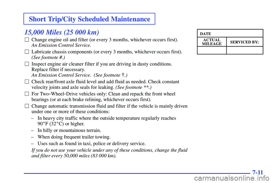GMC SONOMA 2000 Owners Guide Short Trip/City Scheduled Maintenance
7-11
15,000 Miles (25 000 km)
Change engine oil and filter (or every 3 months, whichever occurs first). 
An Emission Control Service. 
Lubricate chassis compone